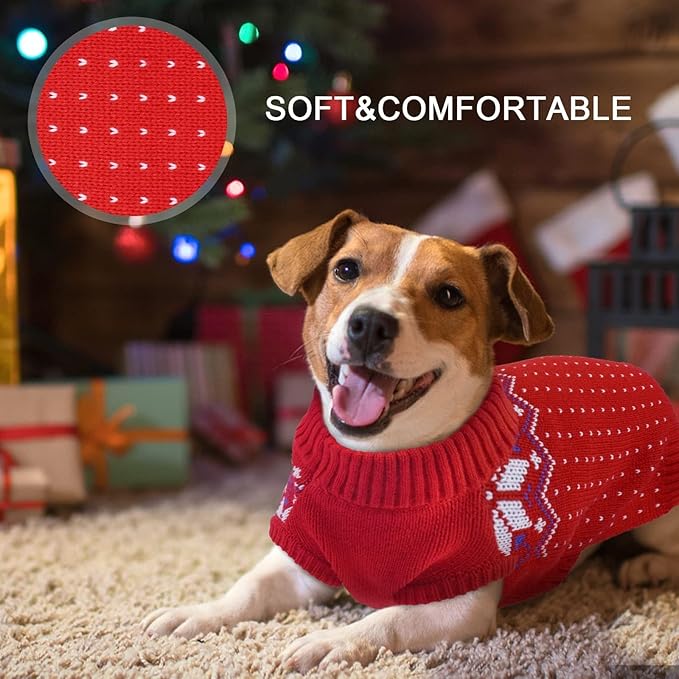 Kuoser Dog Sweater, Holiday Christmas Snowflake Pet Warm Knitwear Dog Sweaters Soft Puppy Clothing, Doggie Turtleneck Cold Weather Outfit Pullover for Small Medium Large Dogs Cats, Red M