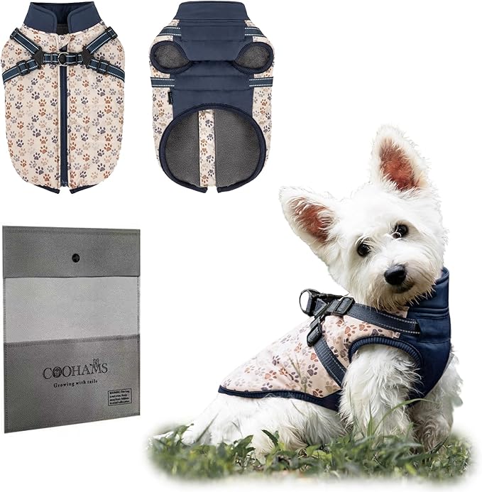Dog Winter Coat for Small & Medium Dogs (Up to 31lb), Waterproof Dog Coat with Harness, Puppies Windproof Puppy Puffer Jacket, Snowsuit for Dachshund,Frenchie, Corgi (Paw Blue, 2XLarge)