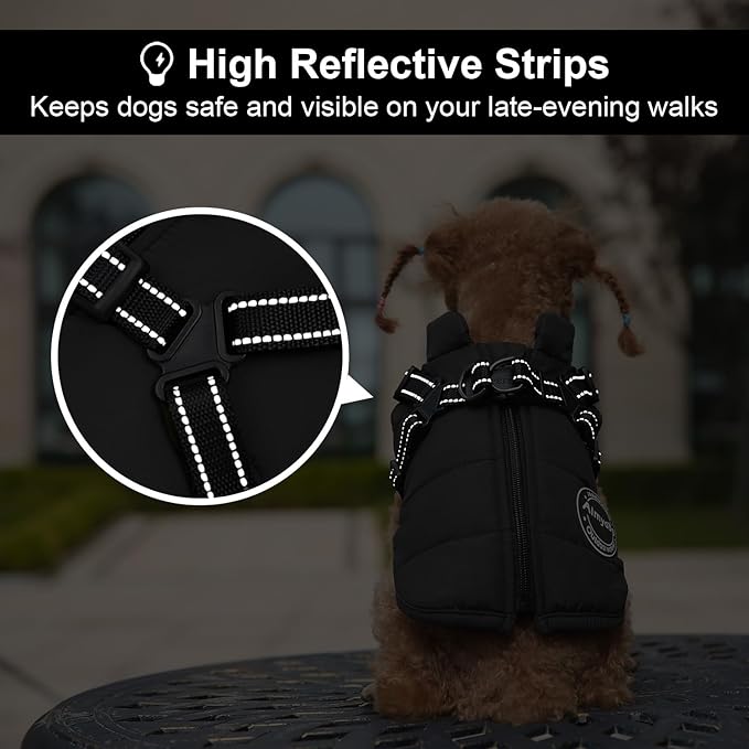 Warm Winter Coat, Waterproof Windproof Jacket, Reflective & Adjustable Black Pet Vest with Harness, Thick Polar Fleece Lining Cozy Apparel for Small Medium Dogs & Cats