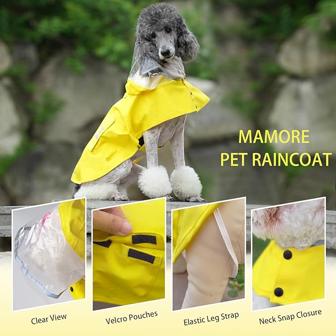 Dog Raincoat Waterproof, Adjustable Reflective Hooded Dog Rain Poncho with Leash Hole for Small Medium Large Dogs (Yellow, Large)
