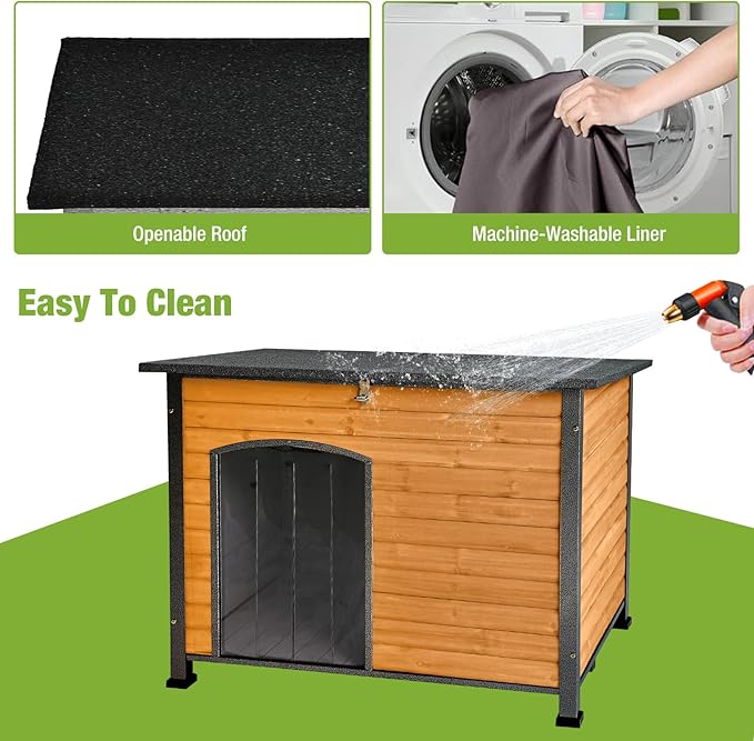 GUTINNEEN Outdoor Dog House with Insulated Liner,Durable Waterproof Puppy Shelter for Small & Medium & Large Dogs,Indoor Wooden Dog Kennel for Winter,Cozy Design(Brown)