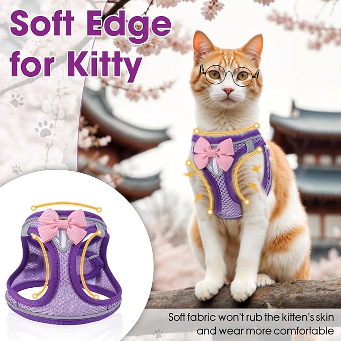 Cat Harness and Leash Set for Walking Escape Proof, Adjustable Kitten Harness Breathable Mesh with Reflective Strips Harness for Kitty Puppy Bunny Purple,Large