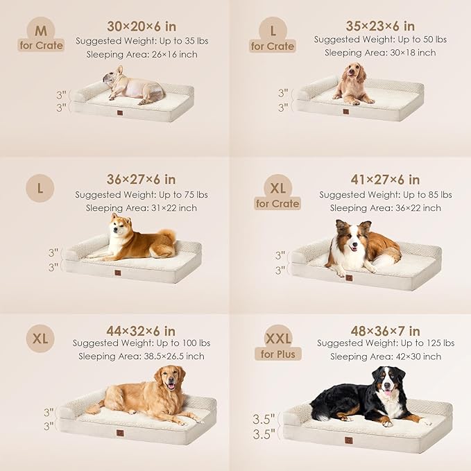 EHEYCIGA Memory Foam Dog Bed Large Sized Dogs, Waterproof Dog Bed Orthopedic with Washable Removable Cover, Non-Slip Pet Bed Couch, 36x27x6 Inches, Beige