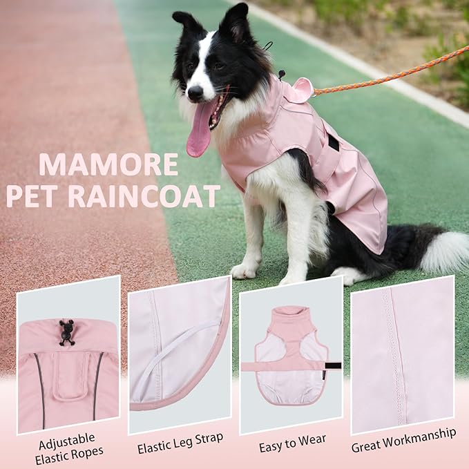 Waterproof Dog Raincoat, Adjustable Lightweight Dog Rain Jacket with Reflective Strip Leash Hole for Small Medium Large Dogs (Pink, Large(22-37lb))