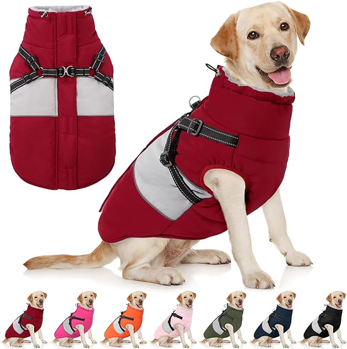 AOFITEE Dog Coat Warm Dog Winter Coat, Waterproof Dogs Jacket with Harness, Dogs Snow Jacket Snowsuit with Zipper & Furry Collar, Reflective Windproof Pet Sweater for Cold Weather, French Bulldog, L