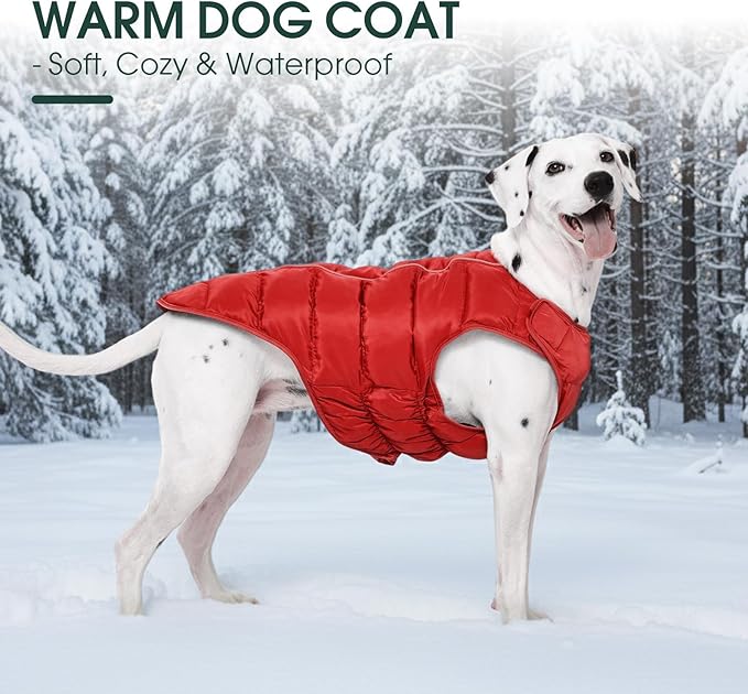 Kuoser Dog Puffer Jacket Warm Dog Coat for Extra Large Dogs, Windproof Reflective Pet Padded Vest Cold Weather Clothes Puppy Snowsuit with Hook & Loop Coats, Easy On/Off, Red 2XL