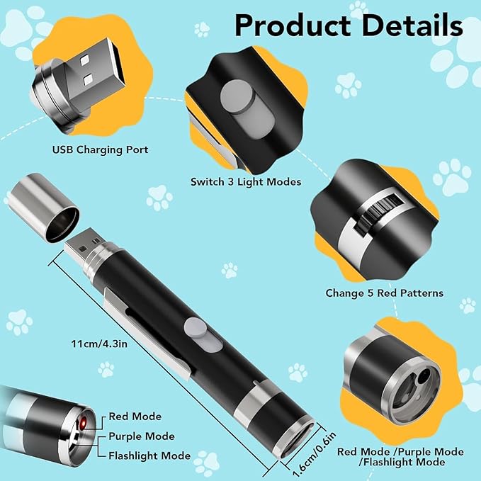 Cat Toy Pointer, USB Rechargeable with 7 Adjustable Patterns, Interactive Chase Toys for Indoor Cats & Dogs, Training & Exercise Fun (Black)