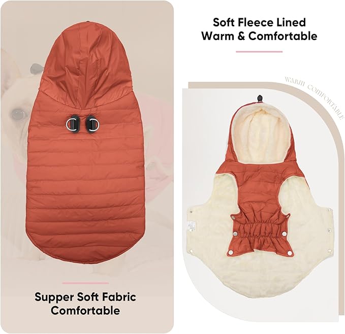 Fleece Lining Dog Hoodie with Harness Built in,Extra Warm Small Dog Jacket in Winter Puppy Coats with Drawstring Hooded,Orange M
