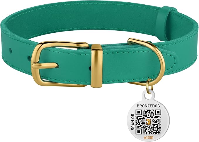 BRONZEDOG Leather Dog Collar with QR ID Tag Basic Pet Collars for Small Mini Dogs Cats Puppies (7-9 Inch (Pack of 1), Green & Gold Buckle)