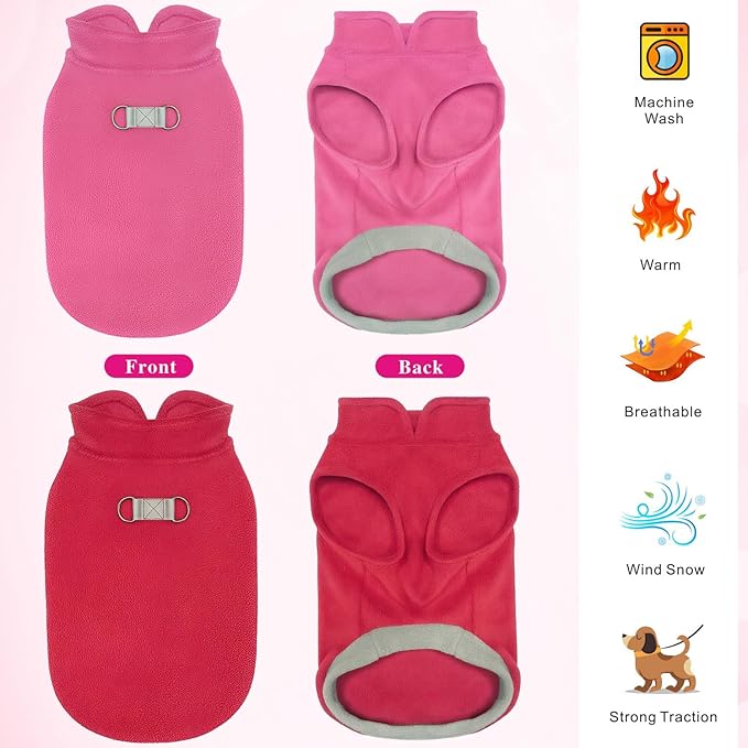 Idepet 2 Pack Dog Fleece Vest Sweater Warm Pullover Jacket with D-Ring Leash Reflective Winter Coat Hoodie for Puppy Cat French Bulldog Pug Chihuahuas Yorkies Dachshunds (Red&Rose Red,X-Small)
