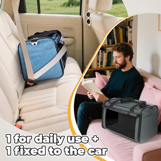 YUDODO 2 Packs 25 lbs Lightproof Soft Sided Pet Carrier for Large Cat & Small Dog Airline Approved Travel Bag Puppy Carriers with Side Pockets & Reflective Mesh, Foldable Portable Lake Blue+Grey Green