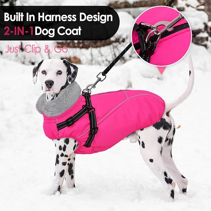 AOFITEE Dog Coat, Waterproof Dog Jacket with Harness Built in, Dogs Coats for Lage Dogs, Warm Fleece Zipped Pet Puffer Jacket, Outdoor Cold Weather Coats Pet Snowsuit for French Bulldog, Pink L