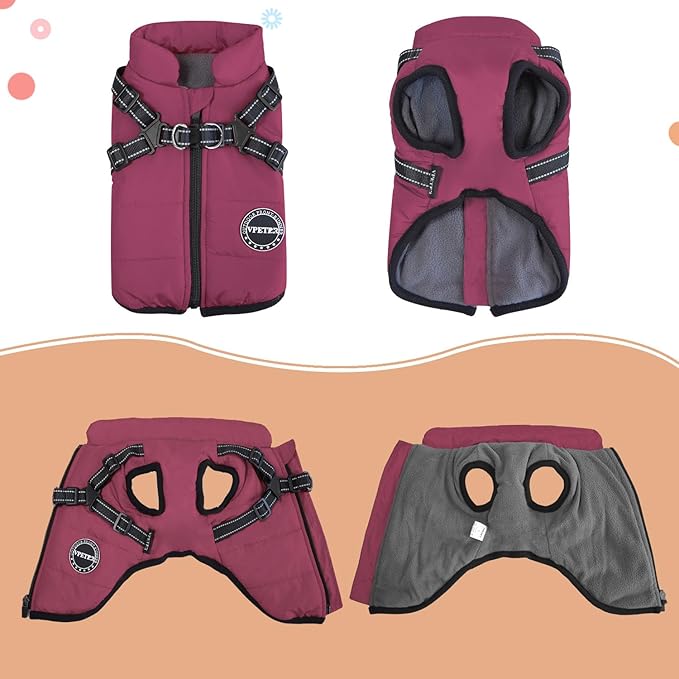 Dog Winter Coat,Warm Dog Jacket Paded Fleece Pet Vest with Built in Harness,Windproof Reflective Cozy Adjustable Snow Pet Coat Clothes with Zipper for Small Medium Large Dogs