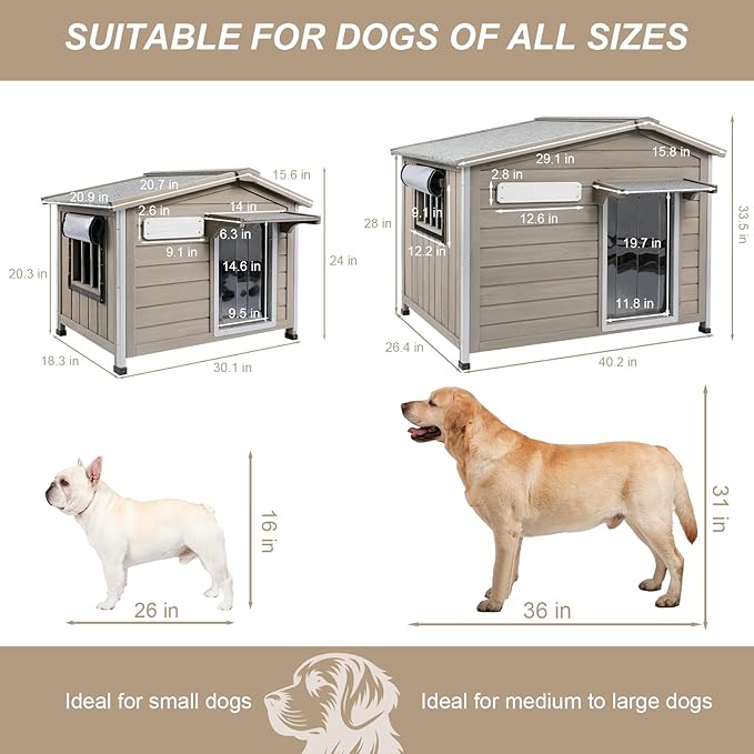 Outdoor Dog House with Chew-Proof Iron Frame, Wooden Dog Kennel Weatherproof，Removable Floor, Adjustable Vent Window, Easy Assembly for Medium and Small Dog, 30" L x 21" W x 24" H
