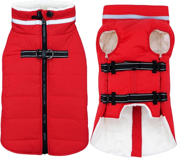 Large Dog Coat with Harness Built-in, Waterproof Reflective Fleece Lined - Warm Windproof Winter Jacket with Back Zipper, Cold Weather Snow Dog Coats - Red - XL