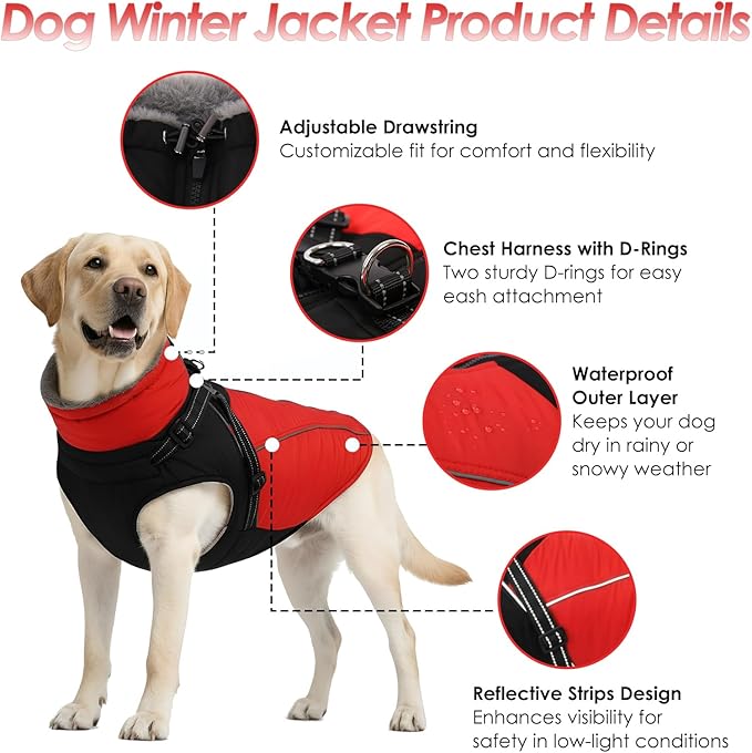 ASENKU Reflective Dog Coat with Built-in Harness, Windproof Fleece-Lined Dog Jacket for Small, Medium, Large Dogs, Warm Winter Vest with Turtleneck & Zipper (Red 3XL)