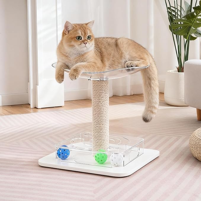 Modern 3-in-1 Interactive Cat Toy with Puzzle Box, Cat Bed/Perch & Scratching Posts, Colorful Jingle Balls, Dangling Accent, Puzzle Toys for Indoor Cats, Acrylic, White