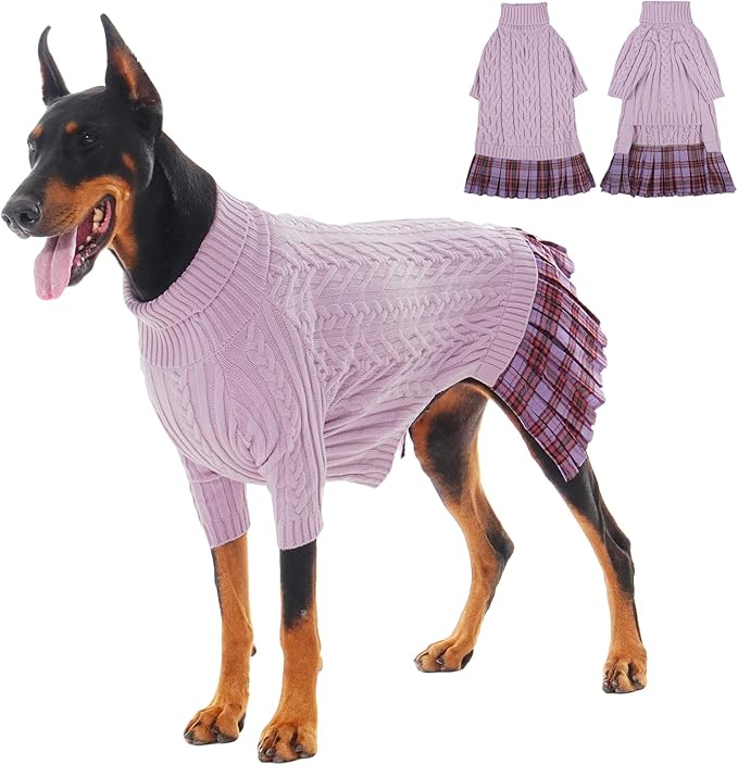 IECOii Girl XXXL Dog Sweater Dress, Girl Dog Sweaters for Extra Large Dogs Turleneck, Purple,XXXLarge, Thermal Warm Knitwear with Leash Hole, Adorable Cable Knit Sweater for Christmas & Thanksgiving