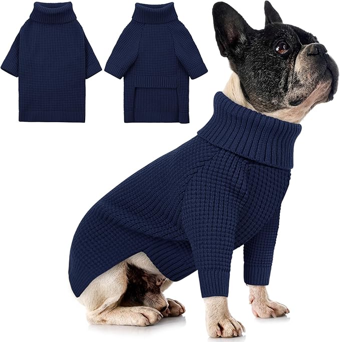 Queenmore Small Dog Sweater, Plaid Doggie Sweater, Long Sleeve Knitted Puppy Sweater with Check Pattern, Warm Pet Sweaters, Solid Pull-on Cat Sweaters, Navy Blue S