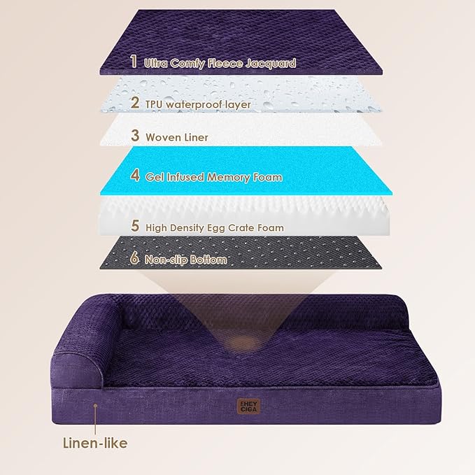 EHEYCIGA Memory Foam Dog Bed XLarge Sized Dogs, Extra Large Dog Bed Orthopedic with Washable Removable Cover, Waterproof XL Pet Bed Couch, 44x33x6 Inches, Purple