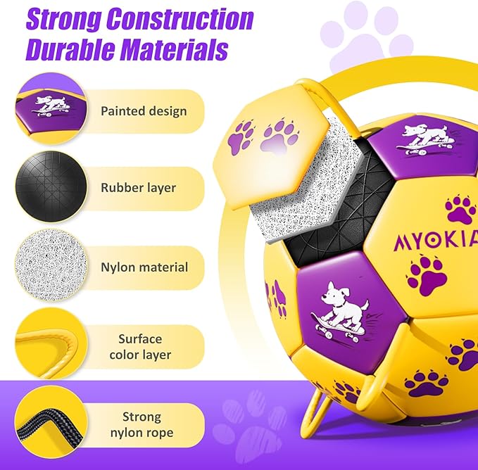 Size 3 Dog Soccer Ball with Straps Durable Training Ball for Pets Interactive Outdoor Dog Toy,Yellow & Purple, Paw and Puppy Design, for Medium & Large Puppie