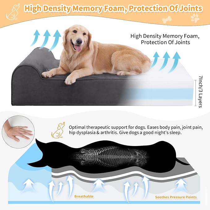 Orthopedic Dog Beds for Large Dogs, 7" Memory Foam Dog Beds with Waterproof Liner, Chew Proof Microsuede Cover, Removable and Washable, Nonskid Bottom, 52"x36"x7" XL Grey