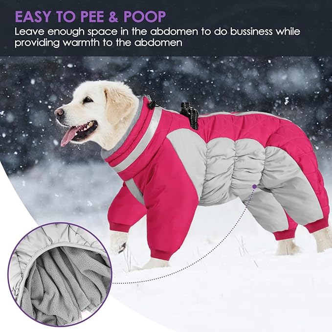 SUNFURA Full Body Dog Coat - Warm Fleece Jacket for Extra Large Dogs, Turtleneck Winter Coats with Harness, Reflective Dog Snowsuit Windproof Puffer Jackets with Legs for Great Dane, Hot Pink 3XL