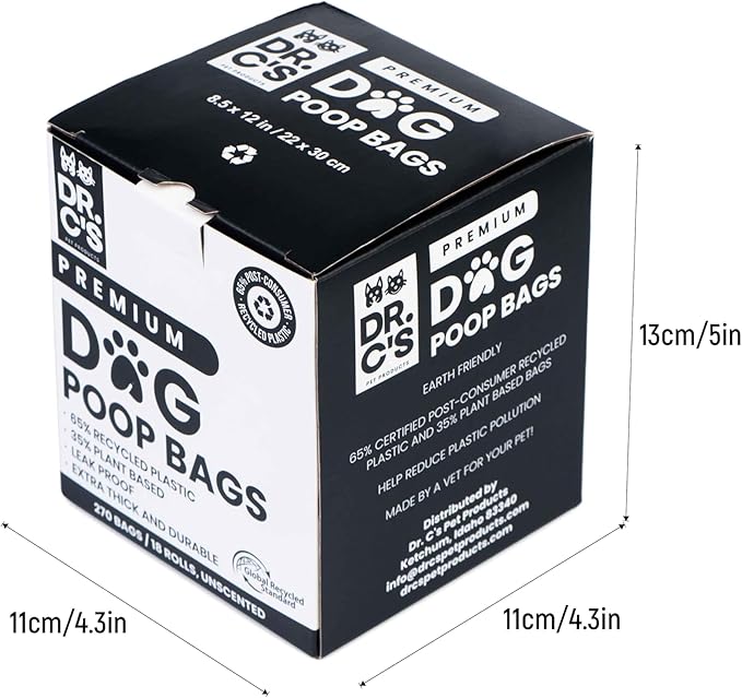 Certified 65% PCR (Post Consumer Recycled) Plastic and 35% Plant Based Dog Poop Bags - Dr. C's ONE OF A KIND Dog Poop Bags - 120 Bags / 8 Rolls, NO NEW PLASTICS USED, Unscented, Earth Friendly
