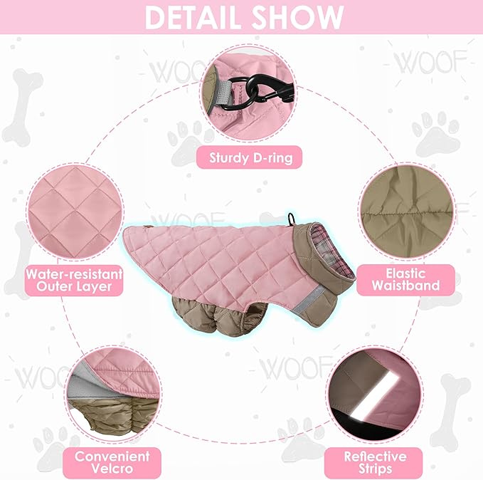 Quilted Dog Winter Coat, Plaid Lined Reversible Vest, Reflective Safety Strip, Cold Weather Pet Apparel Pink S
