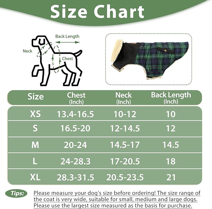 Winter Coat for Small and Medium Dogs, Puppy Plaid Jacket, Cotton Coat for Cold Weather, Windproof Warm Dog Garments, Pet Thickened Outfits Indoor Outdoor, Green L