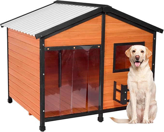 Petsfit Large Dog House Outdoor, Wooden Shelter for Extra Large Breeds Up to 200lbs, Weatherproof Roof, Removable Bottom Panel & Elevated Floor, 47-Inch, Natural Brown