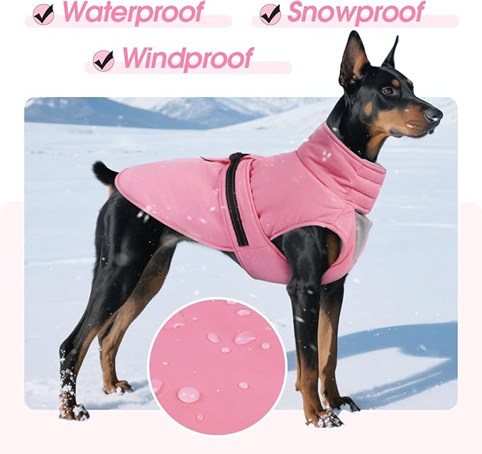 XXXL Dog Coat, Warm Dog Winter Jacket, Waterproof Dogs Snowsuit with Foldable High Collar, Reflective Strips, Leash Hole, and Adjustable Hook & Loop Closure - Ideal for Cold Weather - Pink 3XL