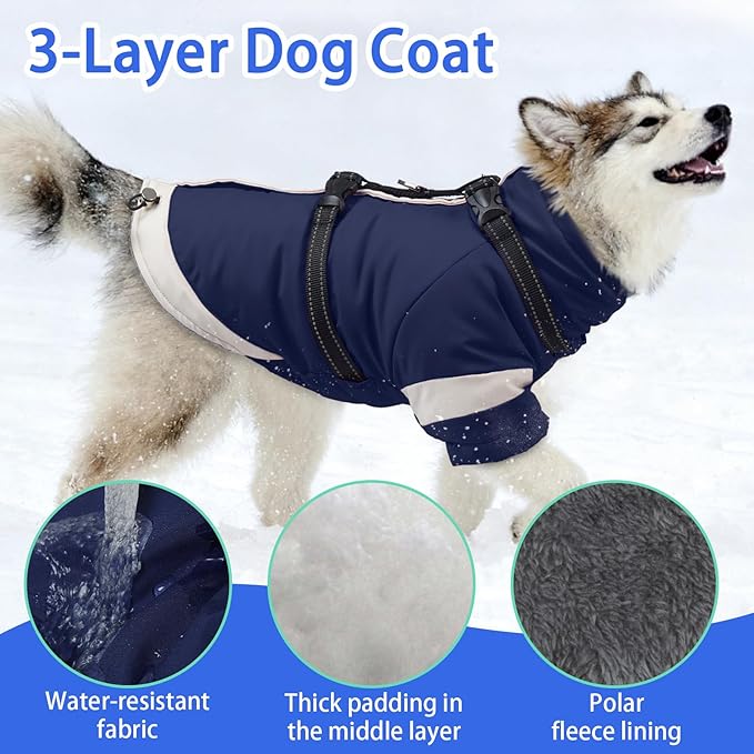 MIGOHI Dog Coat with Harness Built in, 2-in-1 Windproof Dog Winter Jacket, Thermal Reflective Snowsuit with Turtleneck, Back Zipper Fleece Coat for Small Dogs, Chihuahua, Navyblue, XS
