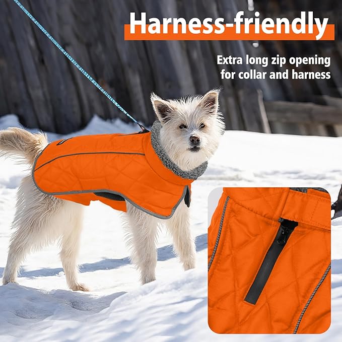Fragralley Dog Coat Large, Waterproof Dog Jacket with Warm Fleece Lining, Adjustable Reflective Dogs Winter Coat, Turtleneck Pet Coats for Cold Weather (Orange XXL)
