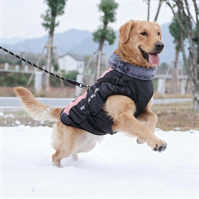 Dog Coat for Medium Large Dogs,Waterproof Reflective Dog Winter Jacket with Harness, Fleece Snowsuit,Warm Pet Winter Coat(pink-3XL)