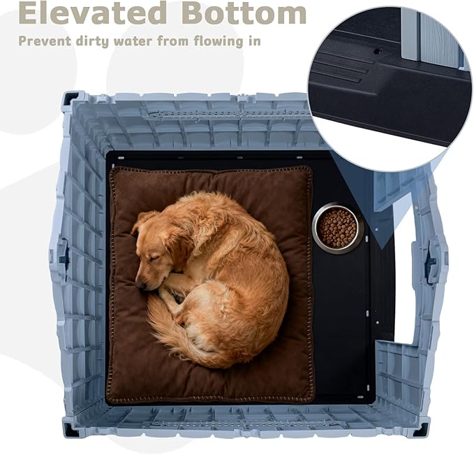 PUKAMI Large Dog House Outdoor Indoor, Plastic Dog House Weatherproof for Large Dogs, Study Puppy Shelter with Air Vents and Elevated Floor, Easy Clean and Assemble (Grey, 36.81"D x 38.7"W x 39.1"H)