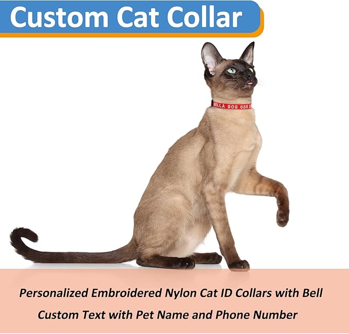 Personalized Cat Collars, Embroidered with Pet Name and Phone Number, Adjustable Nylon Breakaway Safety Release Buckle ID Collar,Custom Text with Bell for Cat or Kitten,Light Pink