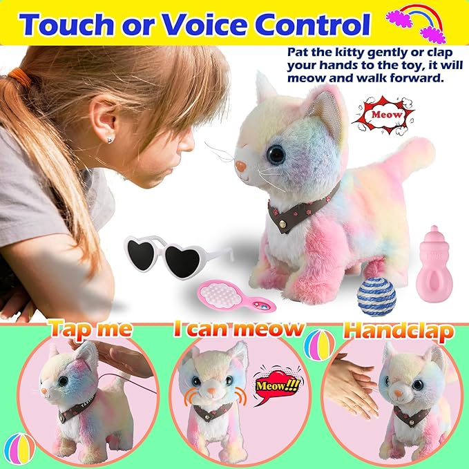 Colorful Walking Cat Set Singing That Purrs and Meows Animated Plush Robot Kitten with Leash Moving Plush Stuffed Animal Remote Control Cute Kawai Robotic Kitty Electronic Kitten Toy for Girl Kid