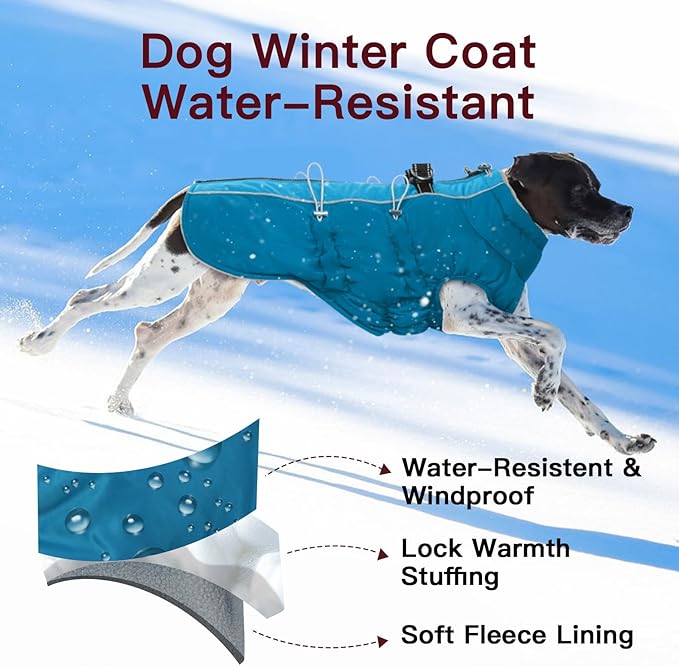 Dog Winter Jacket - Large, Warm Zip Up Snowsuit Dog Harness Vest, Reflective, Water-Resistant, Green