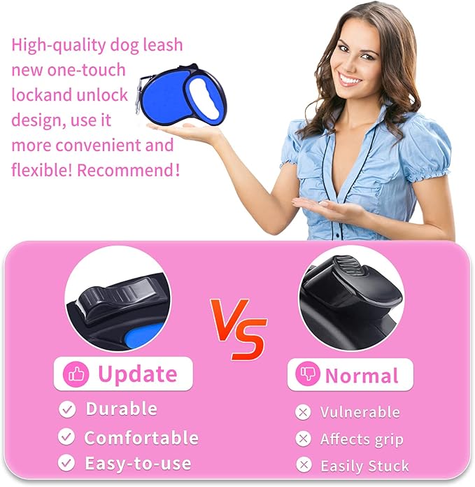 Retractable Dog Leash,[Strong Nylon Tape][One-Handed One Button Lock] for Small Medium Dogs and Cats,16ft Pet Walking Leash with 360°Tangle-Free Design,Anti-Slip Handle,Gift Package (Navy Blue)