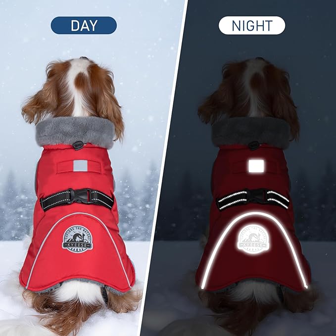KYEESE Waterproof Dog Coat, Windproof Pet Jacket with Thick Fleece Lining, Extra Warm High Collar Dog Coats for Medium to Large Dogs with Leash Hole and Reflective Strips, Red, XX-Large