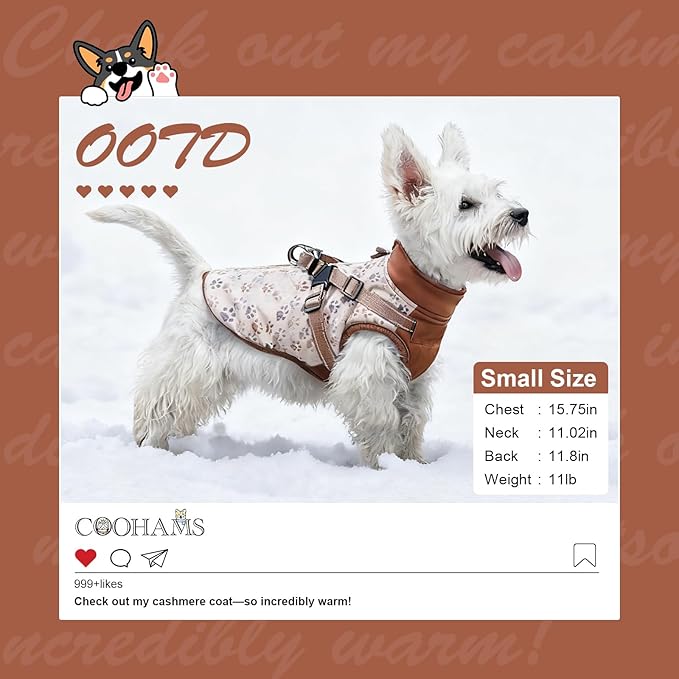 Dog Winter Coat for Small & Medium Dogs (Up to 32lb), Waterproof Dog Coat with Harness, Puppies Windproof Puppy Puffer Jacket, Snowsuit for Dachshund,Frenchie, Corgi (Paw Brown, Large)