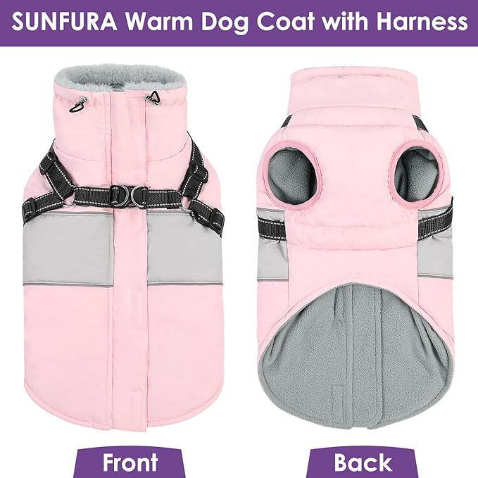 SUNFURA Dog Coat for Large Dogs, Warm Pet Jacket Winter with Harness Built in, Waterproof Pet Snow Jacket with Furry Collar, Reflective Fleece Snowsuit for Extra Large Dogs, Pink XL