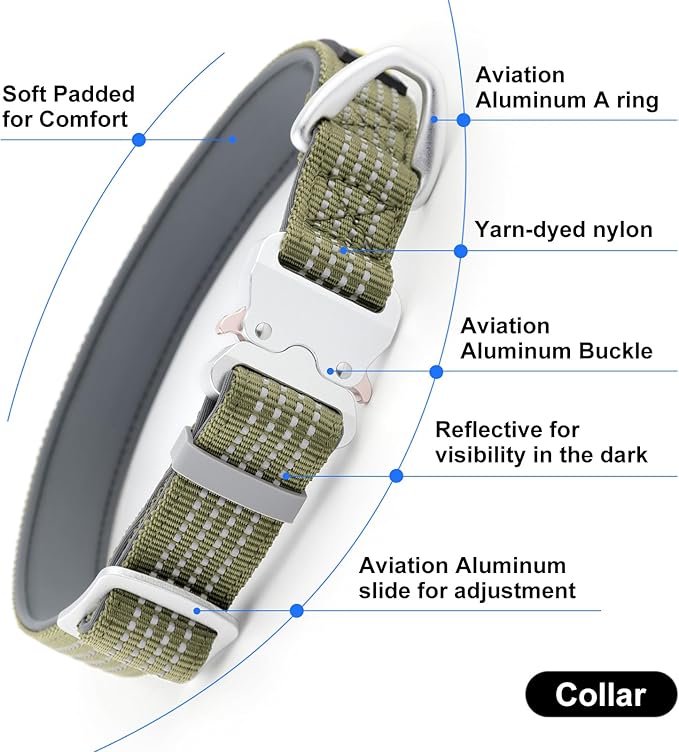 Plutus Pet Reflective Dog Collar with Aviation Aluminum Buckle, Neoprene Padded for Comfort, Lightweight, Heavy Duty Nylon Collar for Puppy Small Medium Large Dogs (Ranger Green, S)