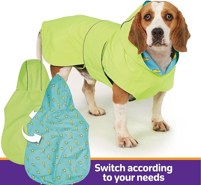 Dog Raincoat Reversible, Single Side Slicker Poncho Adjustable Waterproof Dog Rain Jacket with Leash Hole/Reflective Stripe Hooded Snowproof Windproof Clothes for Medium to 2X Large Dogs, M