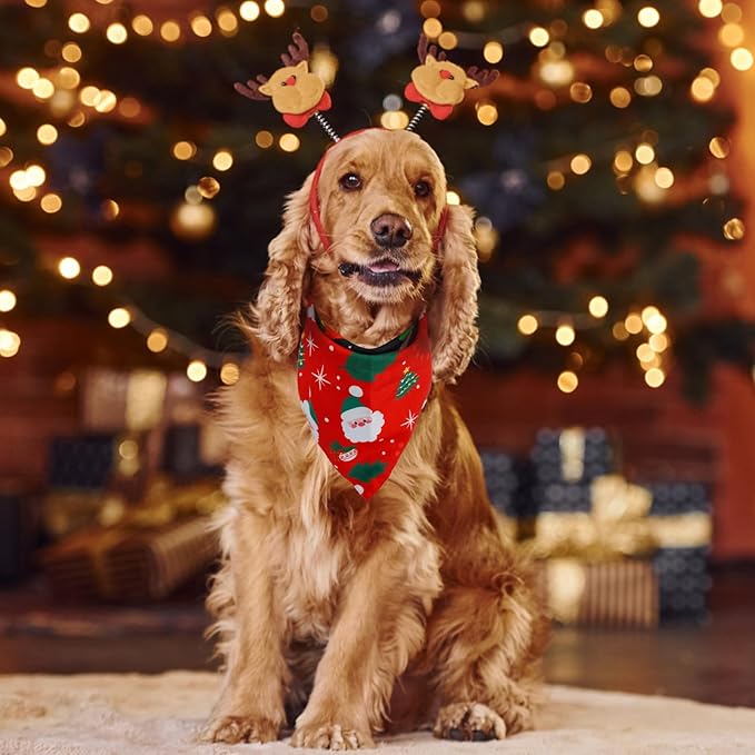 SCENEREAL Christmas Dog Bandanas 2 Pack, Puppy Xmas Santa Claus Elk Triangle Bibs Handkerchief, Reversible Holiday Dog Bandana for Boy and Girl, Premium Pet Scarf for Small Medium Large Dogs L