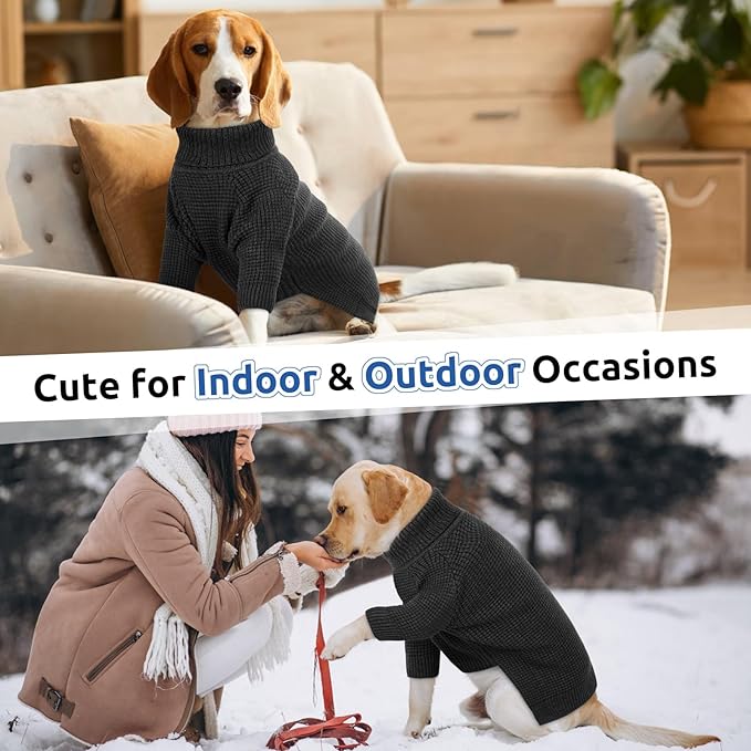 Queenmore Turtleneck Long Sleeve Knitted Sweater with Check Pattern, Fall Winter Warm Sweaters for Small to Large Dogs and Cats, Charcoal Gray
