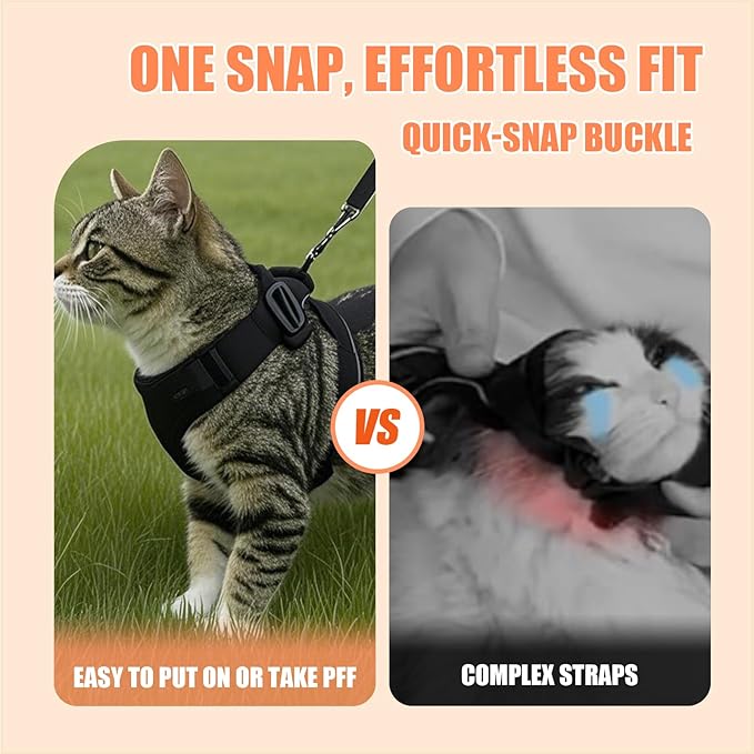 Cat Harness and Leash Set,Escape Proof Adjustable Cat Harness,Soft and Breathable Kitten Harness and Leash with Reflective Strips for Walking and Traveling(Black,XS)