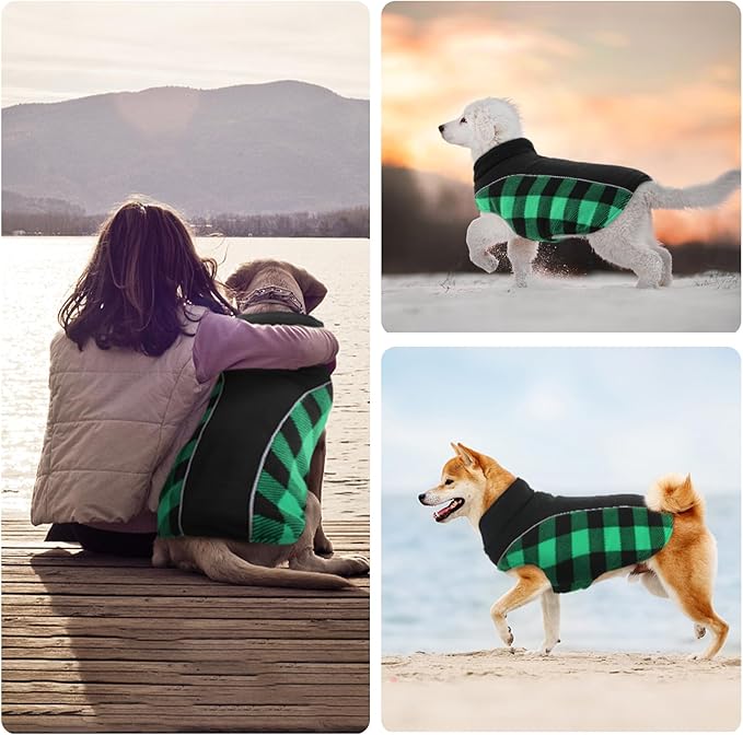 Kuoser Dog Winter Coat, Reversible Waterproof Dog Jacket with Reflective Strip, Warm Dogs Fleece Vest Adjustable Doggy Cold Weather Clothes Plaid Christmas Outfit Pet Apparel for Small Dogs, Green S