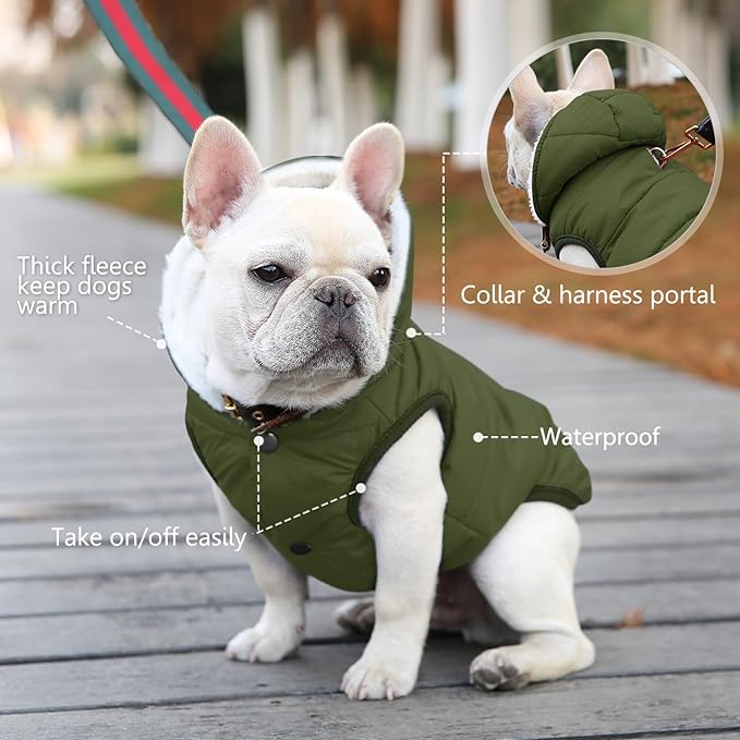 Fleece Hoodie, Windproof Waterproof Coat, Winter Warm Jacket, Cold Weather Pet Apparel Clothes Vest for Small Medium Large Dogs (L, Green)